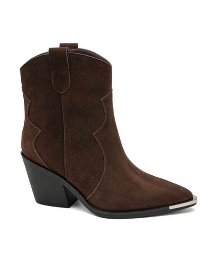BOTTINES WESTERN FEMME EFFET DAIM BOUT MÉTAL – CHOCOLAT MISS ALINA