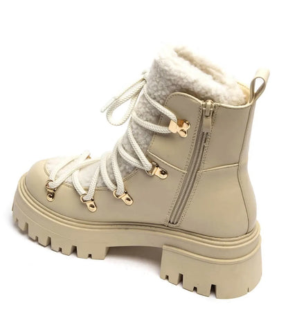 BOOTS SIMILICUIR BEIGE FOURRURE SHERPA LACETS SEMELLE PLATEFORME – MISSKCY