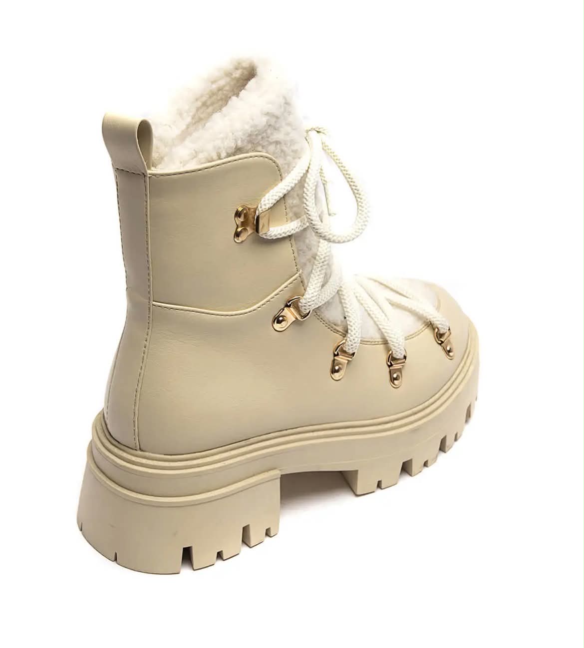 BOOTS SIMILICUIR BEIGE FOURRURE SHERPA LACETS SEMELLE PLATEFORME – MISSKCY