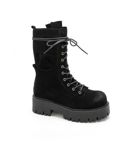 BOTTES RANGERS FEMME EFFET DAIM À POCHE – LACETS ENROULÉS, SEMELLE CRANTÉE NOIR