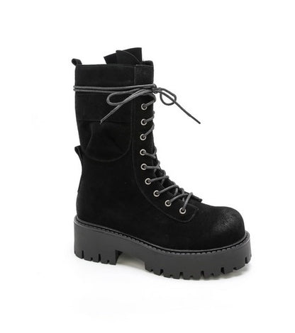 BOTTES RANGERS FEMME EFFET DAIM À POCHE – LACETS ENROULÉS, SEMELLE CRANTÉE NOIR