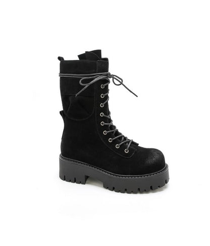 BOTTES RANGERS FEMME EFFET DAIM À POCHE – LACETS ENROULÉS, SEMELLE CRANTÉE NOIR