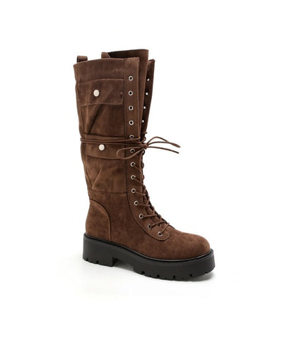BOTTES RANGERS HAUTES FEMME EFFET DAIM À POCHES CARGO – LACETS, SEMELLE CRANTÉE CHOCO MARRON