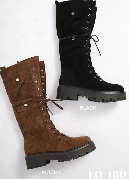 BOTTES RANGERS HAUTES FEMME EFFET DAIM À POCHES CARGO – LACETS, SEMELLE CRANTÉE CHOCO MARRON