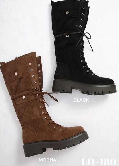BOTTES RANGERS HAUTES FEMME EFFET DAIM À POCHES CARGO – LACETS, SEMELLE CRANTÉE CHOCO MARRON