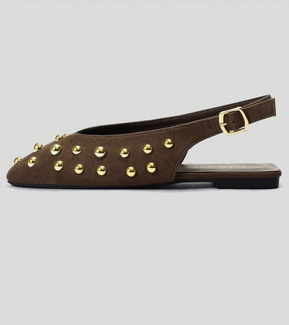 Mules ballerines marron cloutées or