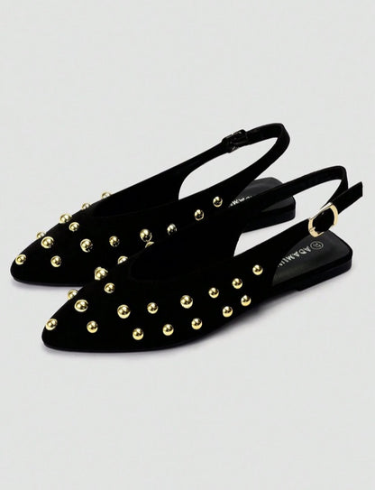 Mules ballerines noir cloutées or