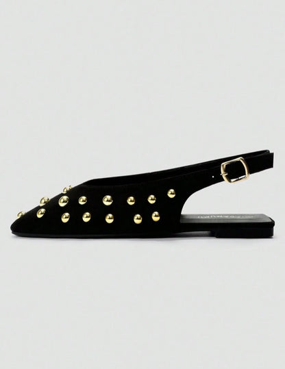 Mules ballerines noir cloutées or