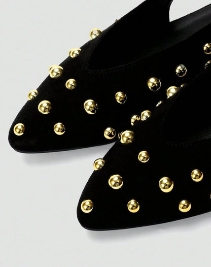 Mules ballerines noir cloutées or