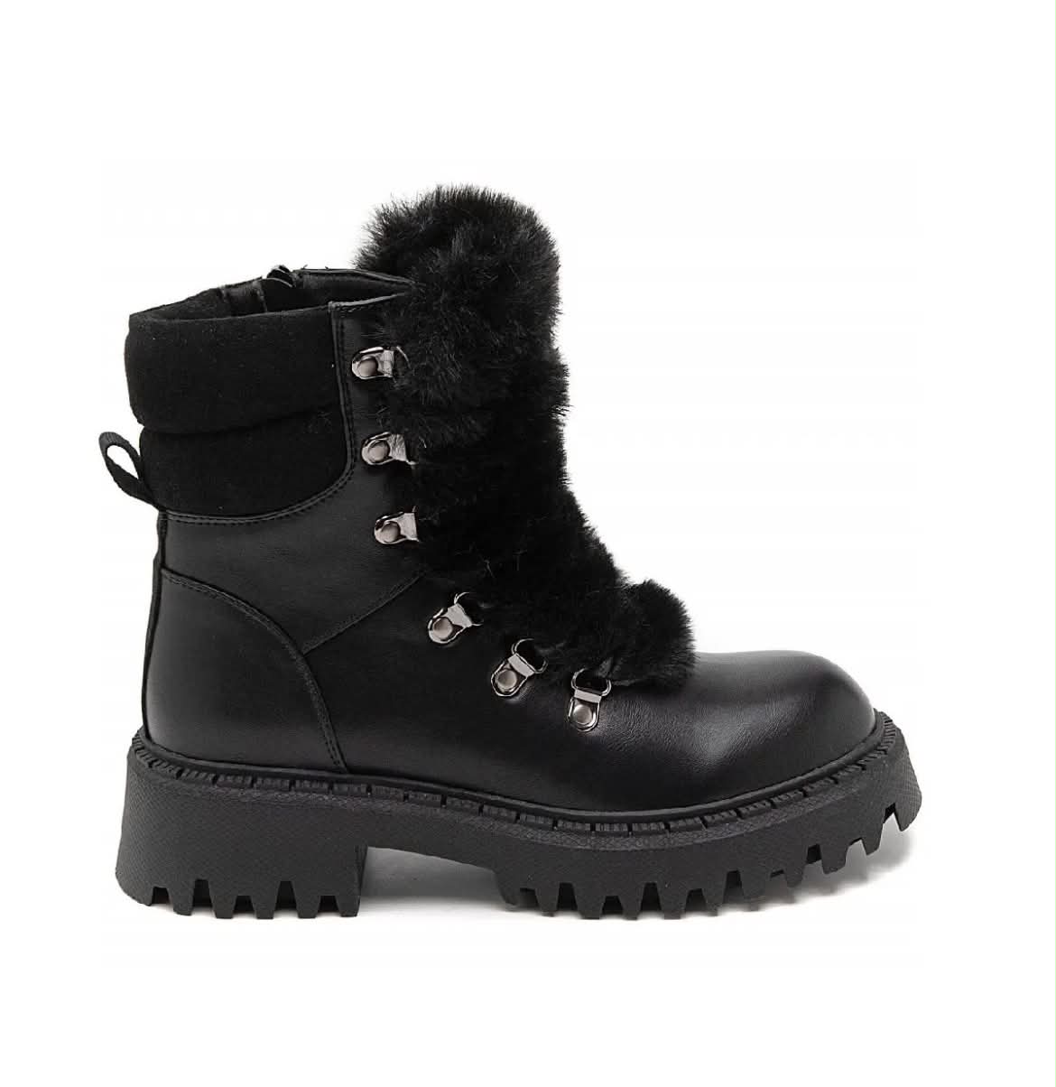 BOOTS SIMILICUIR NOIR  FAUSSE FOURRURE LACETS SEMELLE CRANTÉE – MISSKCY