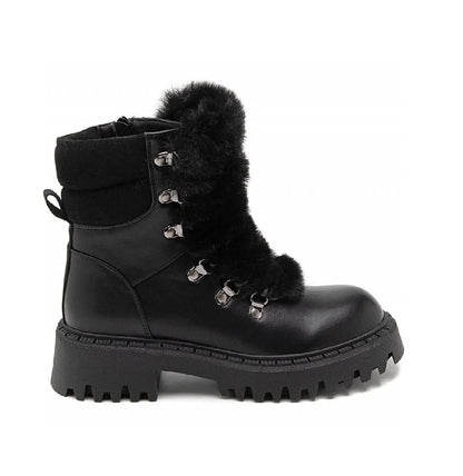 BOOTS SIMILICUIR NOIR  FAUSSE FOURRURE LACETS SEMELLE CRANTÉE – MISS MEGANE
