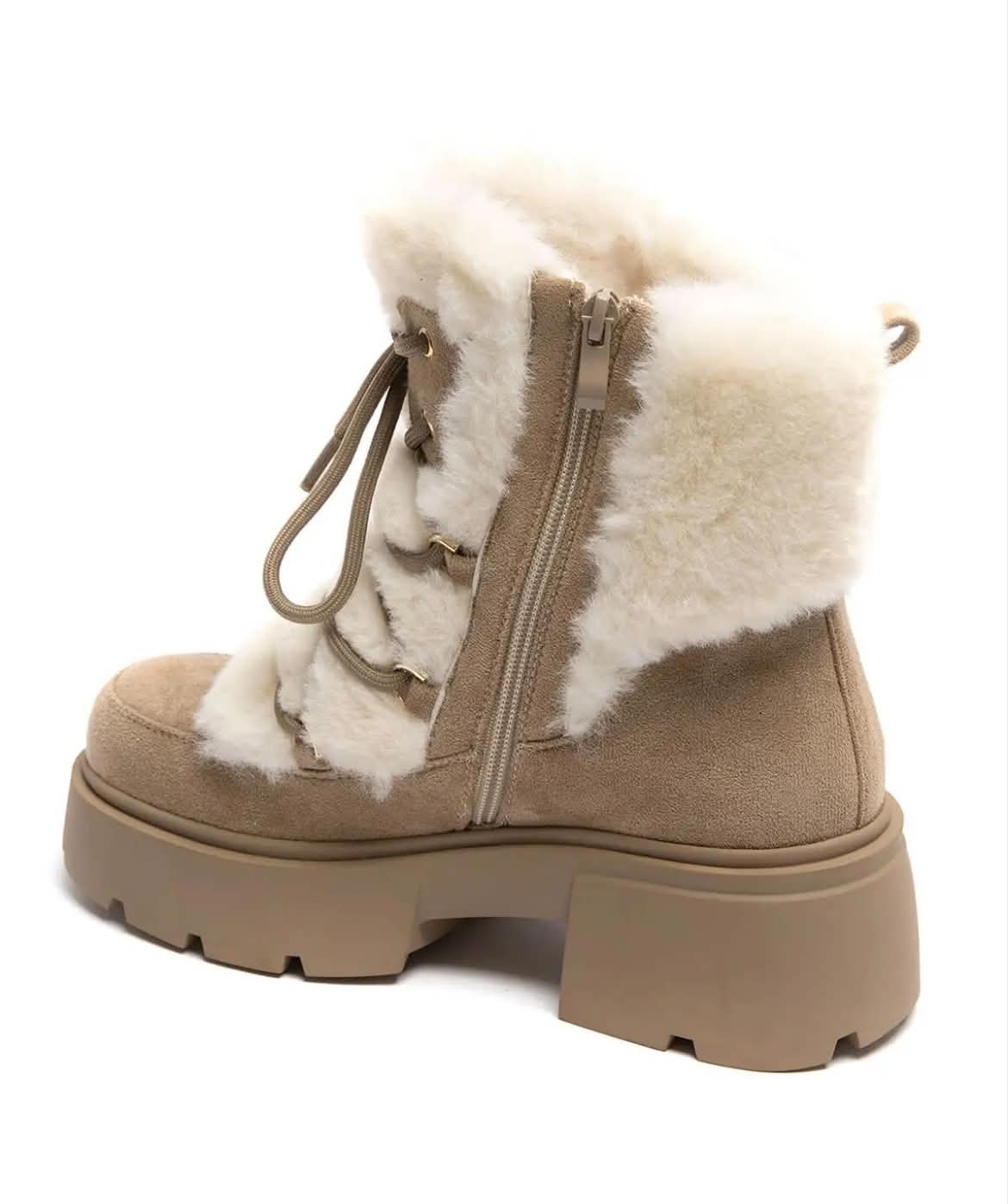 BOOTS SIMILI DAIM BEIGE FAUSSE FOURRURE BLANCHE LACETS SEMELLE PLATEFORME – MISSKCY (Copie)