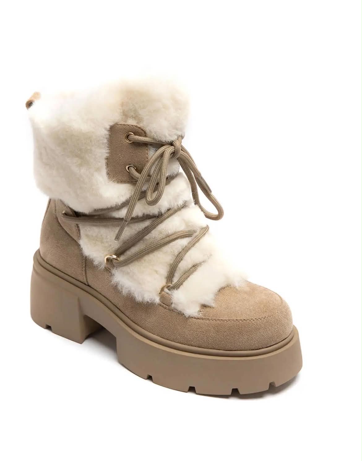 BOOTS SIMILI DAIM BEIGE FAUSSE FOURRURE BLANCHE LACETS SEMELLE PLATEFORME – MISSKCY (Copie)
