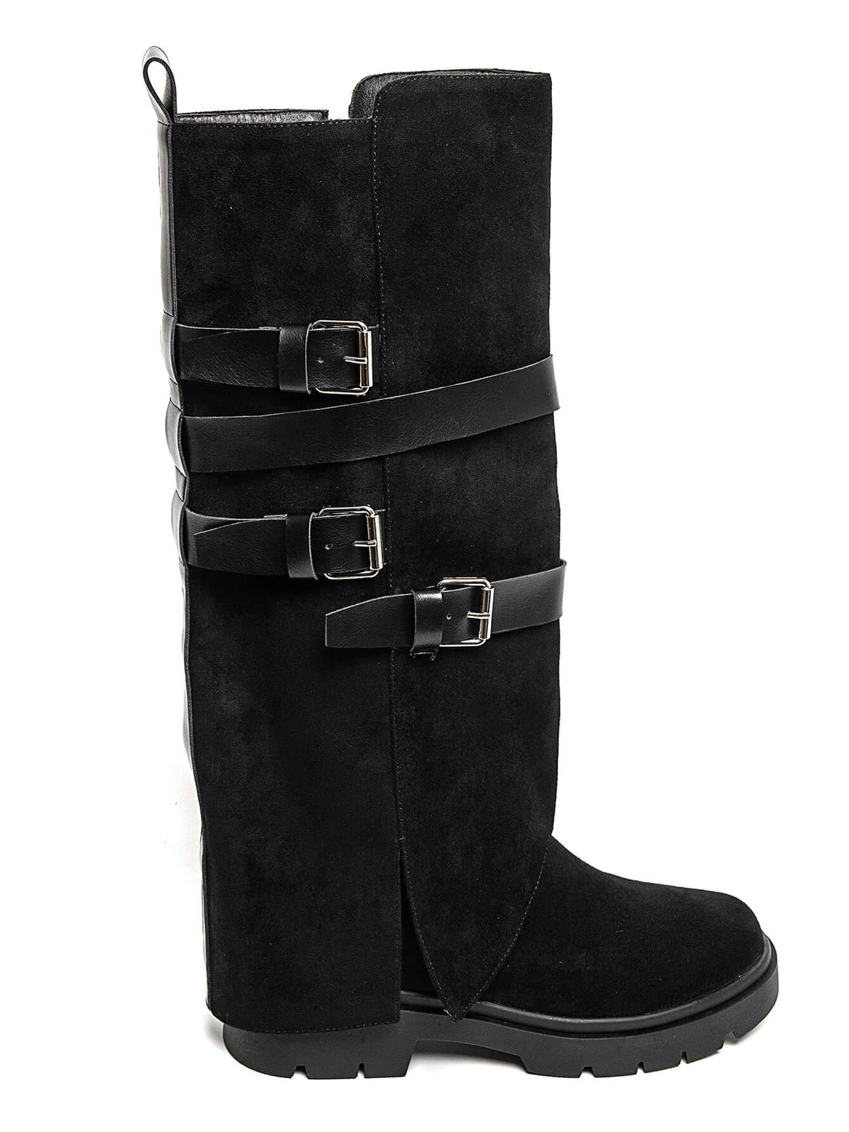 BOTTES HAUTES À RABAT EFFET DAIM NOIR – BOTTES FEMME À BOUCLES SEMELLE CRANTÉE