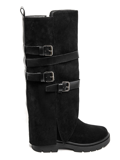BOTTES HAUTES À RABAT EFFET DAIM NOIR – BOTTES FEMME À BOUCLES SEMELLE CRANTÉE