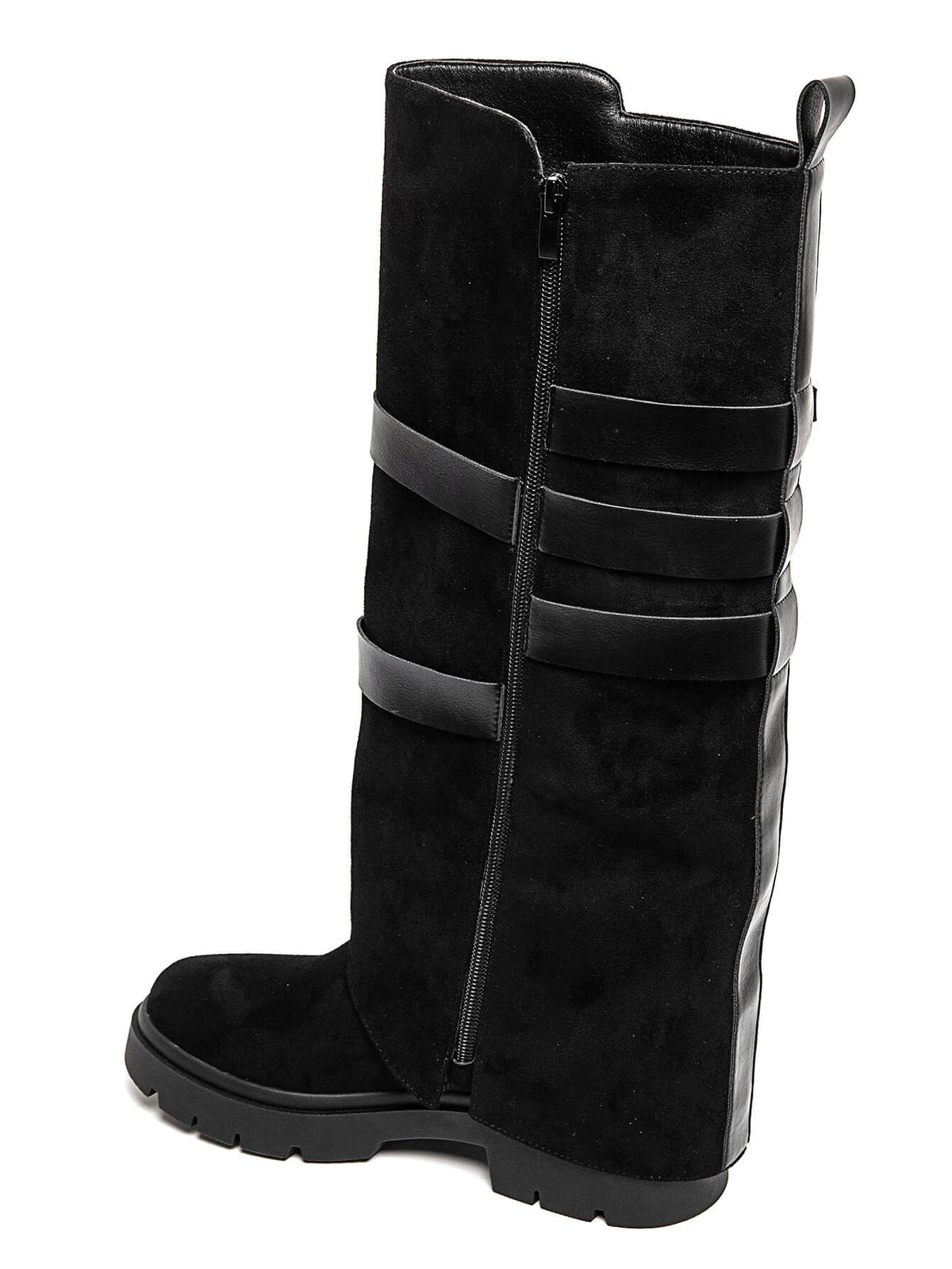 BOTTES HAUTES À RABAT EFFET DAIM NOIR – BOTTES FEMME À BOUCLES SEMELLE CRANTÉE