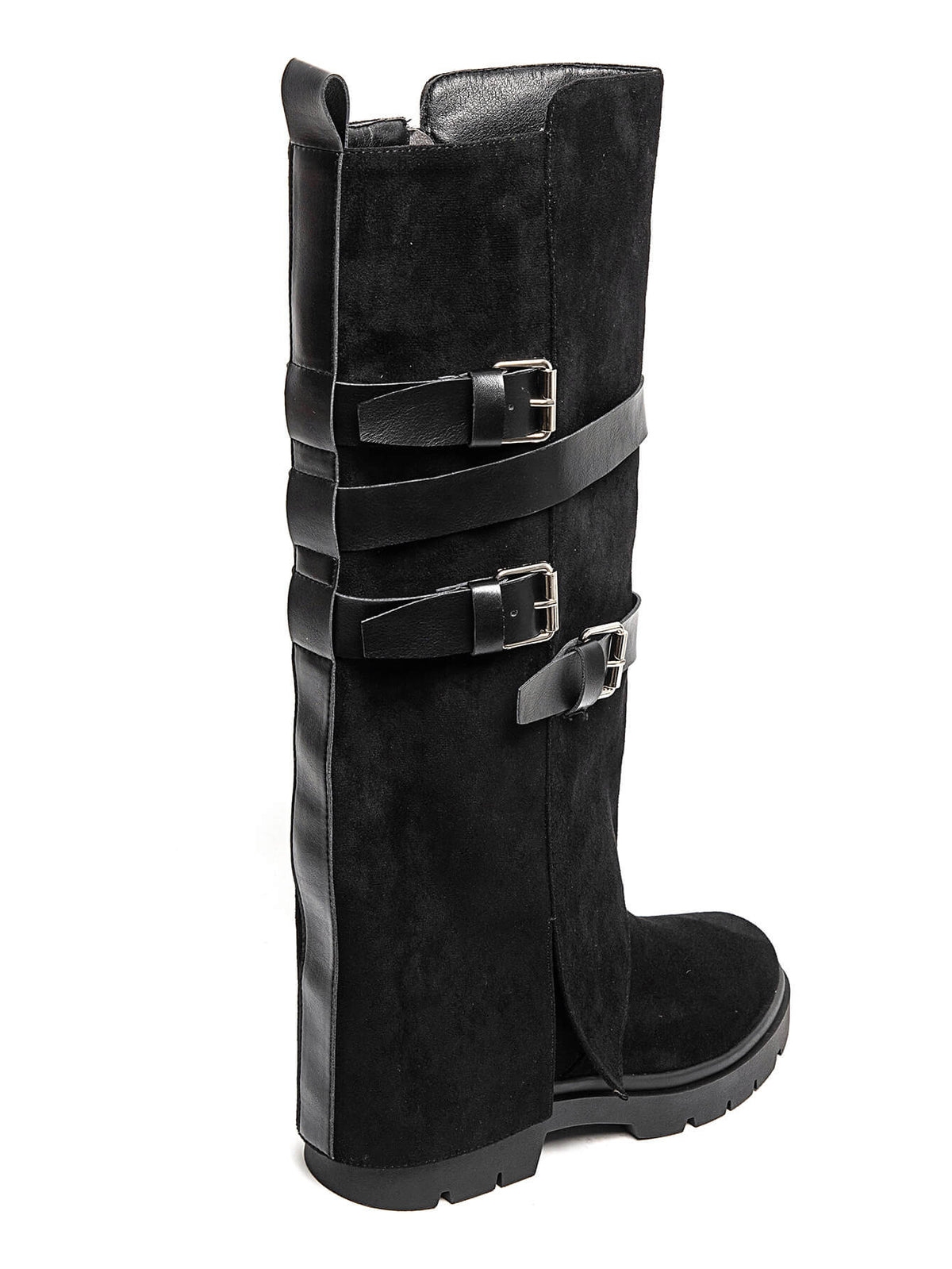 BOTTES HAUTES À RABAT EFFET DAIM NOIR – BOTTES FEMME À BOUCLES SEMELLE CRANTÉE