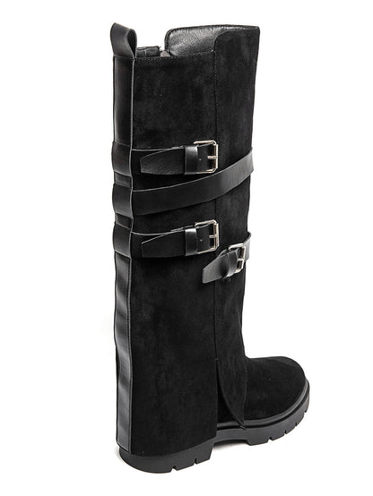 BOTTES HAUTES À RABAT EFFET DAIM NOIR – BOTTES FEMME À BOUCLES SEMELLE CRANTÉE