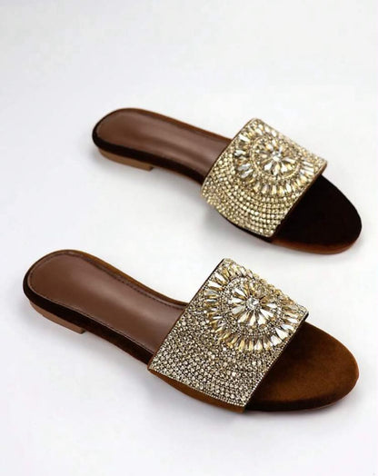 Sandales Plates Bijoux – Velours Marron et Or