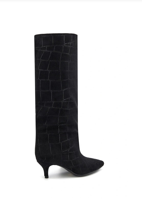BOTTES HAUTES FEMME NOIRES EFFET CROCO  BOUT POINTU, PETIT TALON MEGAN