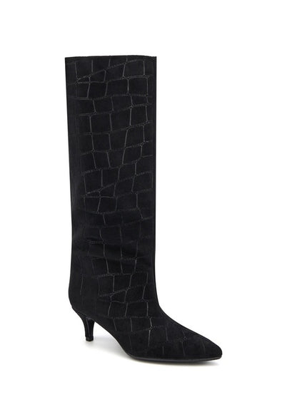 BOTTES HAUTES FEMME NOIRES EFFET CROCO  BOUT POINTU, PETIT TALON MEGAN