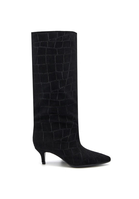 BOTTES HAUTES FEMME NOIRES EFFET CROCO  BOUT POINTU, PETIT TALON MEGAN