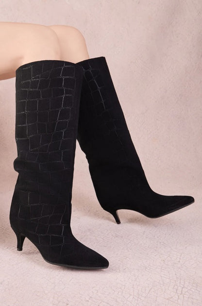 BOTTES HAUTES FEMME NOIRES EFFET CROCO  BOUT POINTU, PETIT TALON MEGAN