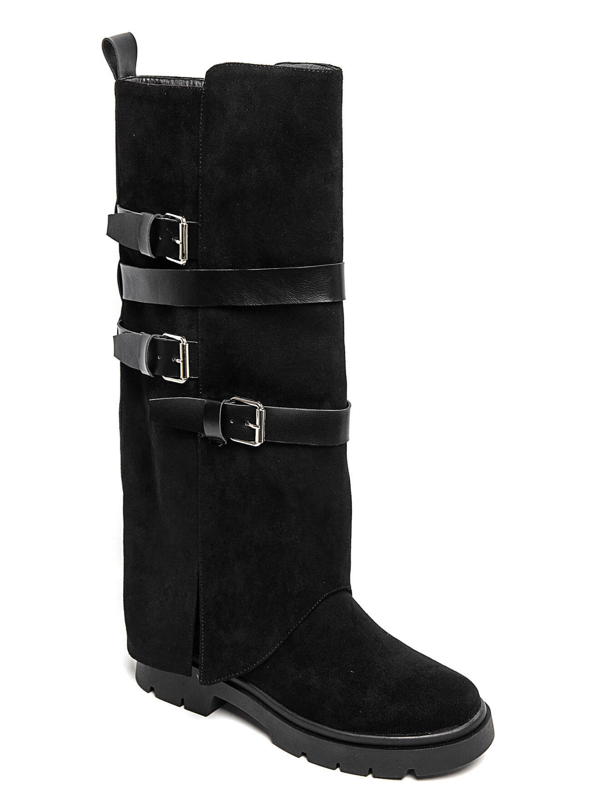 BOTTES HAUTES À RABAT EFFET DAIM NOIR – BOTTES FEMME À BOUCLES SEMELLE CRANTÉE