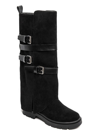 BOTTES HAUTES À RABAT EFFET DAIM NOIR – BOTTES FEMME À BOUCLES SEMELLE CRANTÉE