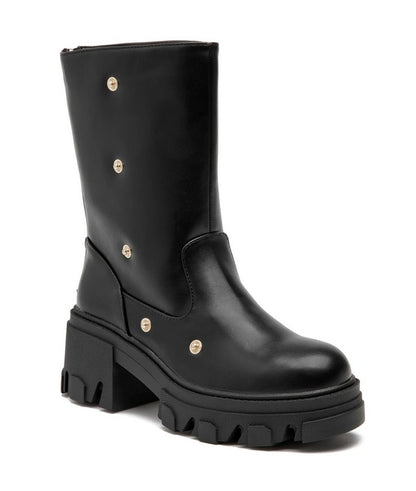 BOTTES MI-MOLLET NOIRES ASPECT CUIR – RABATS DRAPÉS & RIVETS ARGENTÉS MISS SHANA