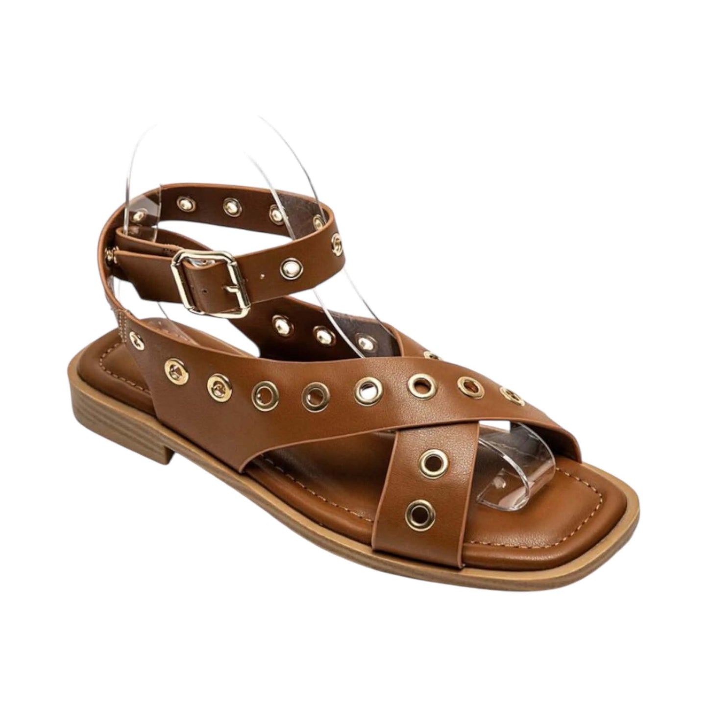Sandales Plates Marron à Brides Croisées et Œillets Dorés