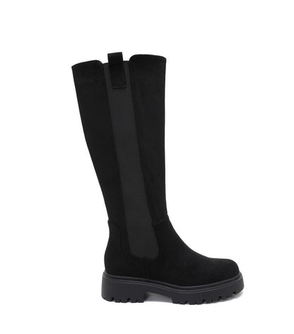 BOTTES HAUTES NOIRES ASPECT DAIM – ÉLASTIQUE LATÉRAL & SEMELLE CRANTÉE MISS CHELSEA