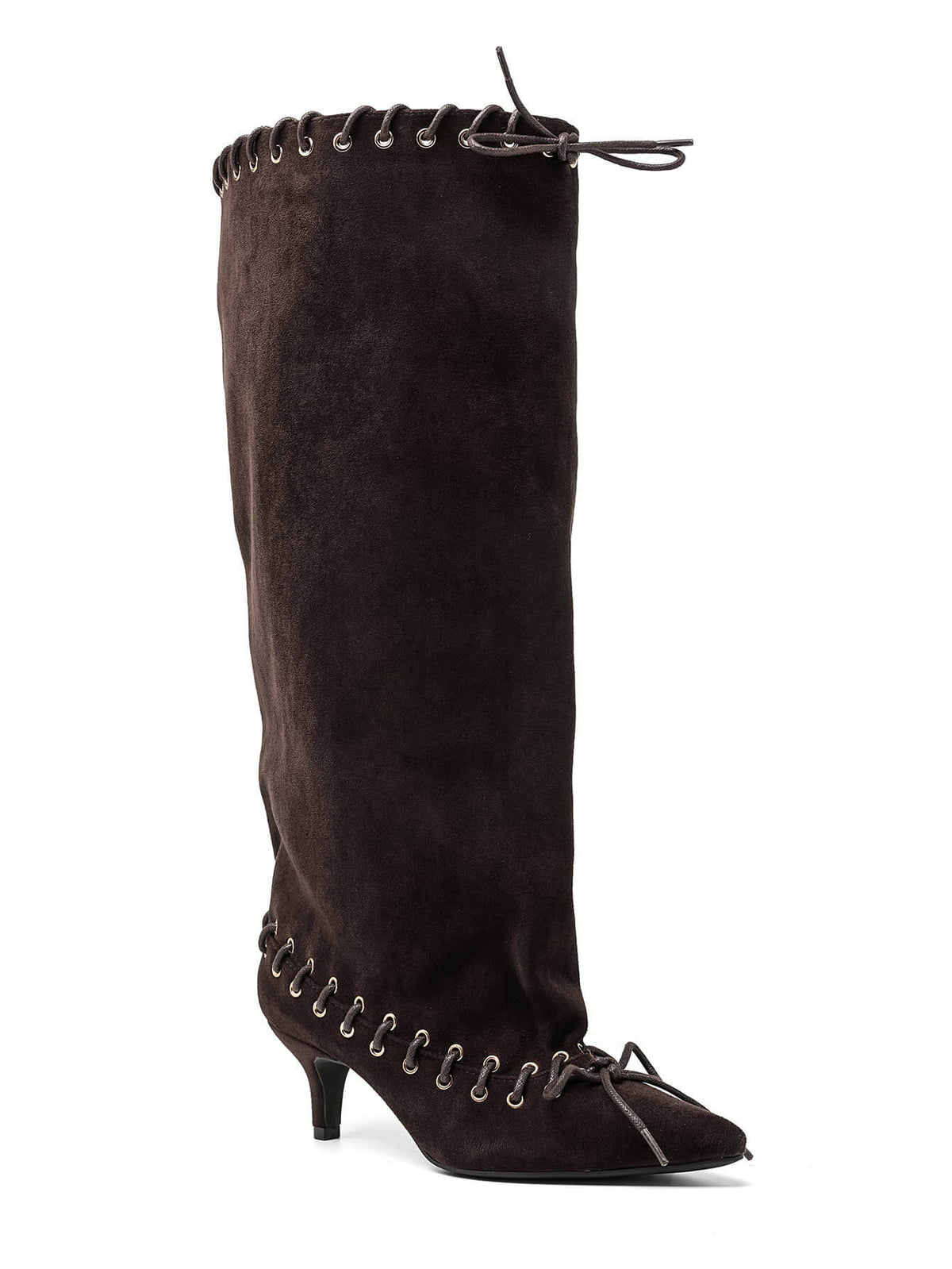 BOTTES HAUTES SUÉDINE MARRON CHOCOLAT TALON FIN ŒILLETS DOUBLE LAÇAGE MISS TAMARA