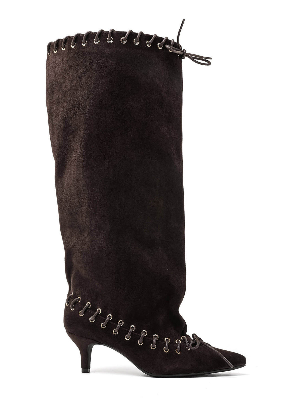 BOTTES HAUTES SUÉDINE MARRON CHOCOLAT TALON FIN ŒILLETS DOUBLE LAÇAGE MISS TAMARA