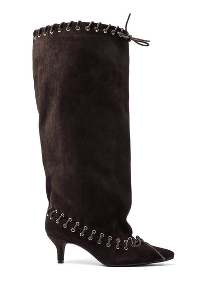 BOTTES HAUTES SUÉDINE MARRON CHOCOLAT TALON FIN ŒILLETS DOUBLE LAÇAGE MISS TAMARA