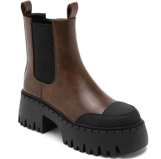 BOOTS CHELSEA SIMILICUIR CHOCOLAT MARRON BOUT RENFORCÉ SEMELLE PLATEFORME – MISS TIFFANY