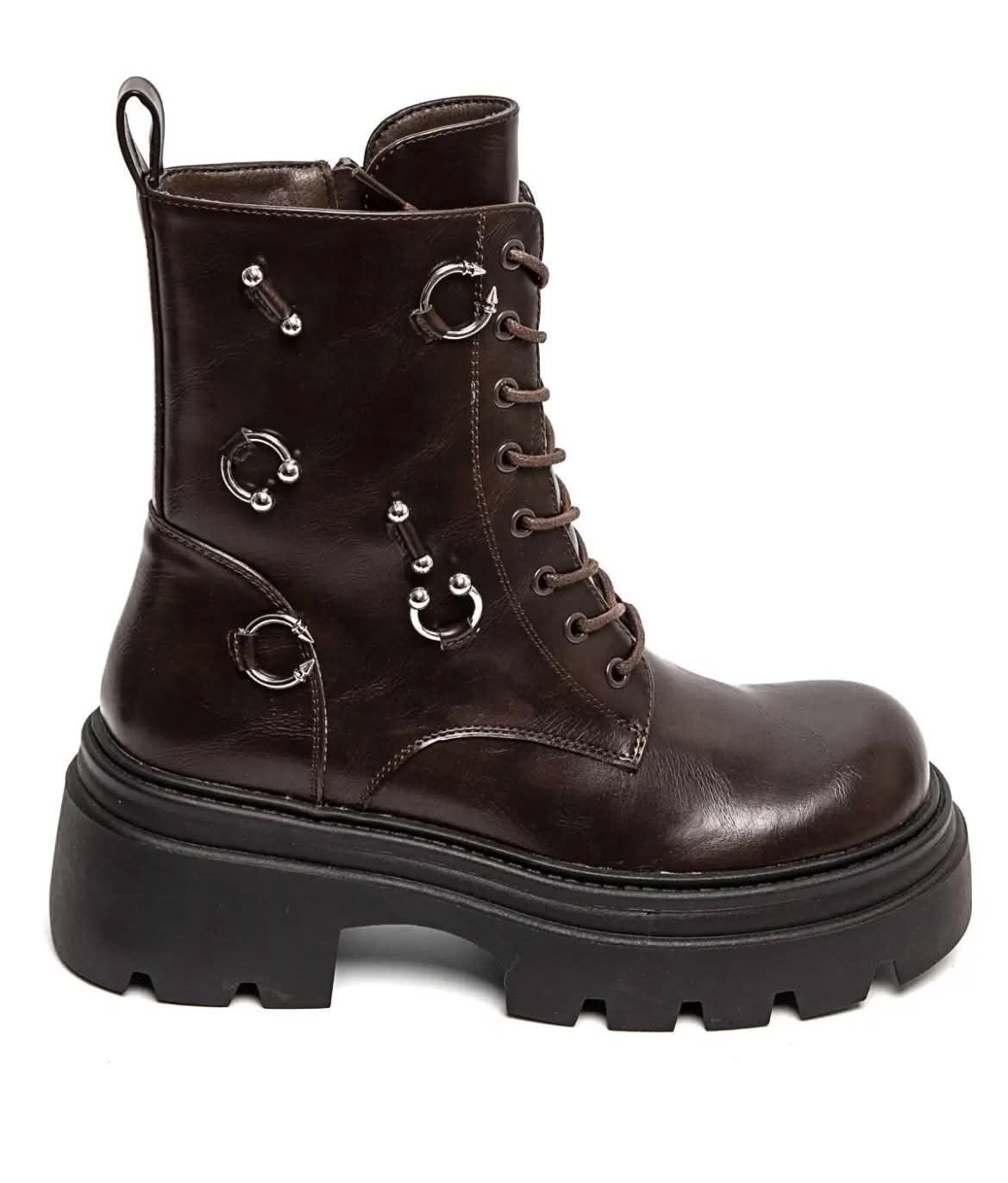 BOOTS SIMILICUIR MARRON LACETS ANNEAUX PIERCING SEMELLE PLATEFORME – MISSKCY