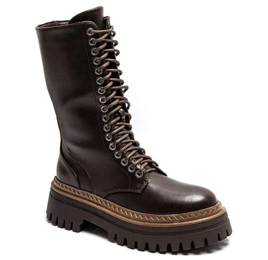 BOOTS SIMILICUIR MARRON LACETS BORDURE BICOLORE SEMELLE PLATEFORME MISS NATH