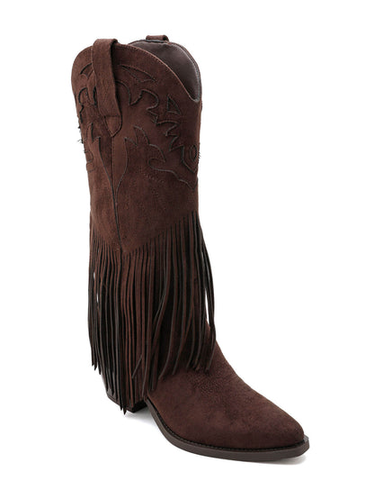 BOTTES WESTERN À FRANGES EFFET DAIM CHOCOLAT – SANTIAGS BRODÉES TALON BLOC