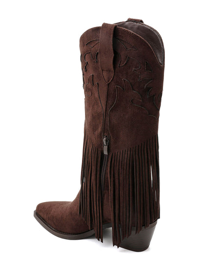 BOTTES WESTERN À FRANGES EFFET DAIM CHOCOLAT – SANTIAGS BRODÉES TALON BLOC