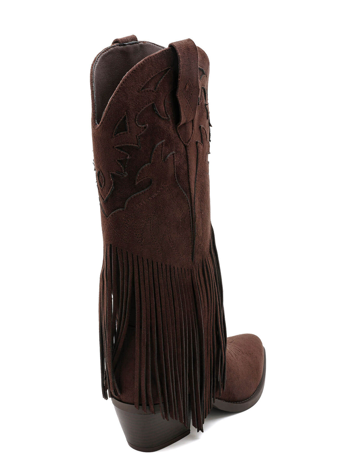 BOTTES WESTERN À FRANGES EFFET DAIM CHOCOLAT – SANTIAGS BRODÉES TALON BLOC