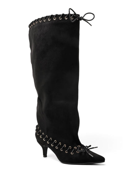 BOTTES HAUTES SUÉDINE NOIRE TALON FIN ŒILLETS DOUBLE LAÇAGE TAMARA