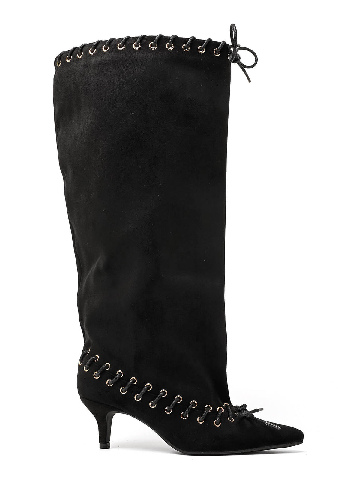 BOTTES HAUTES SUÉDINE NOIRE TALON FIN ŒILLETS DOUBLE LAÇAGE TAMARA