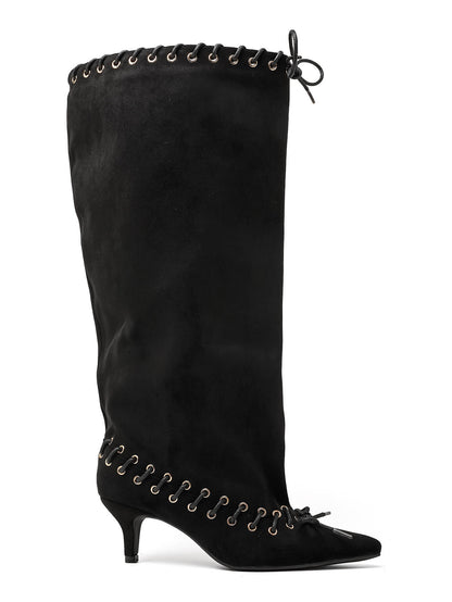 BOTTES HAUTES SUÉDINE NOIRE TALON FIN ŒILLETS DOUBLE LAÇAGE TAMARA