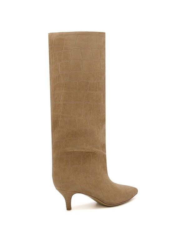 BOTTES HAUTES FEMME BEIGE EFFET CROCO  BOUT POINTU, PETIT TALON MEGAN
