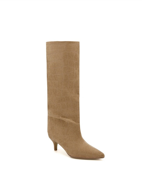 BOTTES HAUTES FEMME BEIGE EFFET CROCO  BOUT POINTU, PETIT TALON MEGAN