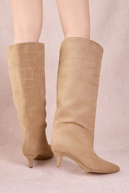 BOTTES HAUTES FEMME BEIGE EFFET CROCO  BOUT POINTU, PETIT TALON MEGAN