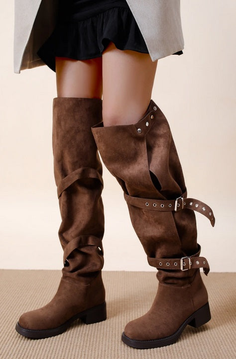 CUISSARDES FEMME À BOUCLES – TALON BLOC, EFFET DAIM CHOCOLAT