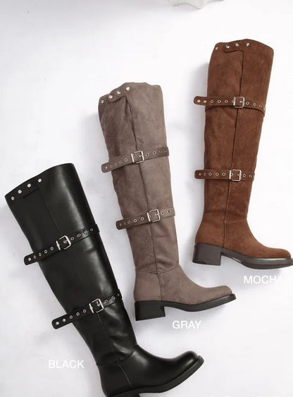 CUISSARDES FEMME À BOUCLES – TALON BLOC, EFFET DAIM CHOCOLAT