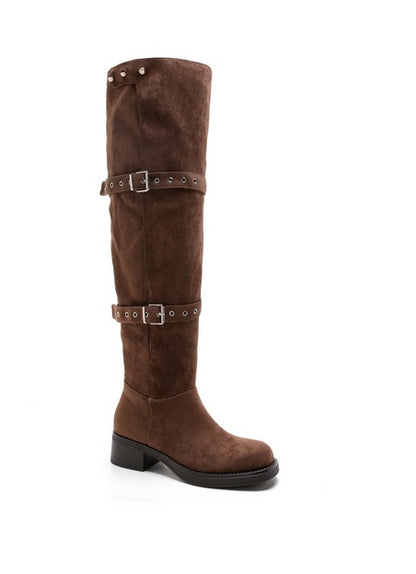 CUISSARDES FEMME À BOUCLES – TALON BLOC, EFFET DAIM CHOCOLAT